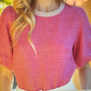 New! Voy Faux Pearl Trim Neck Bubble Sleeve Tweed Top --PRETTY in PINK Size S